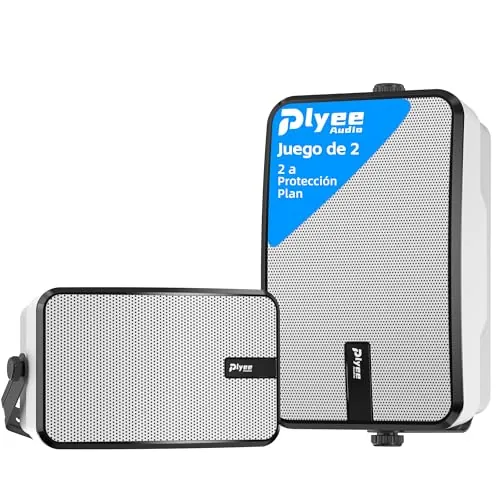 Plyee Audio Altavoces Bluetooth 400W Exteriores, Graves Potentes, Sincronización Inalámbrica con 100 Altavoces, Montaje en Pared para Patio, Porche, Gazebo, Par, Blanco(MZ-621)