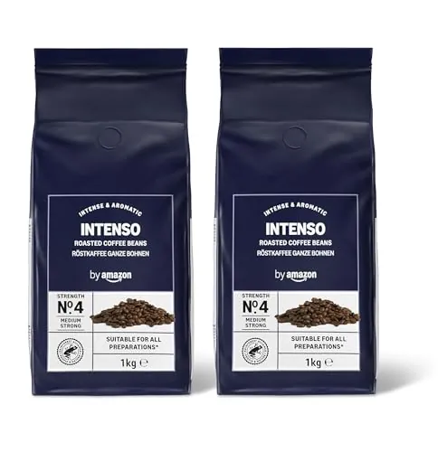 by Amazon Granos de Café Intenso, Tostado Oscuro, 2kg (2 Paquetes de 1kg), Certificados por Rainforest Alliance