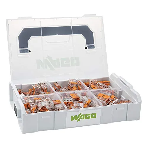 WAGO set de conectores de conexión 887-957 | 186 piezas, con diferentes conectores de conexión con palancas y adaptador de fijación de la serie 221 para todo tipo de conductores, en una L-BOXX Mini