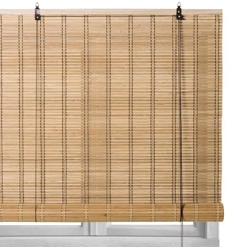 LOLAhome - Estor Enrollable de Bambú Color Natural de 140 x 180 cm. Persiana de Estilo rústico para Dar Sombra, Protección Solar y Escurecer Puertas o Ventanas
