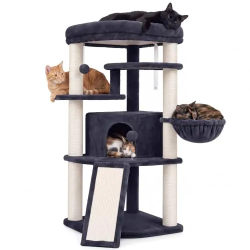 Gitelsnour Rascador para Gatos de rincón Interior, árbol para Gatos multinivel con Cuevas para Gatos, Gran Plataforma Superior, Cesta Colgante y Posts de rascado Sisal Natural, Gris Ahumado GCT025G