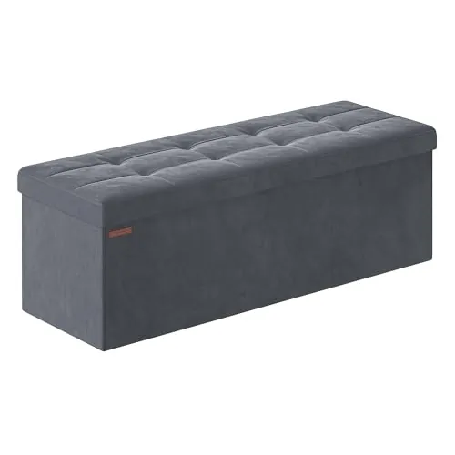 SONGMICS Puff Almacenaje, Baúl de Almacenaje Plegable, 38 x 110 x 38 cm, Taburete Reposapiés, Banco de Cubo, Soporta hasta 300 kg, para Sala de Estar, Dormitorio, Entrada, Gris Pizarra LSF277G01