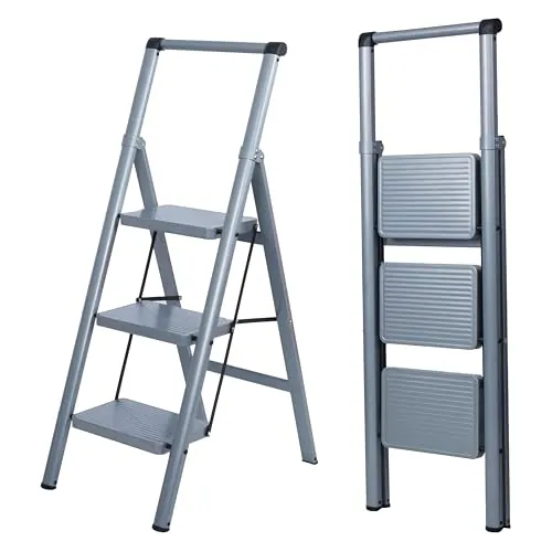 UZIRO Escalera Plegable 3 Peldaños, Liviana y Compacta, Diseño Decorativo, Peldaños Anchos Antideslizantes, Ideal para Uso en Hogar, Cocina y Oficina, Fácil de Guardar y Transportar, Alta Durabilidad