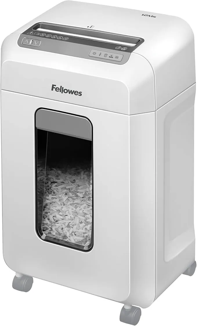 Fellowes Powershred 12MS - Destructora trituradora de Papel, destruye hasta 12 Hojas, minicorte, Nivel de Seguridad DIN P-4, para pequeñas Empresas y oficinas domésticas, 1-3 usuarios, Color Blanco