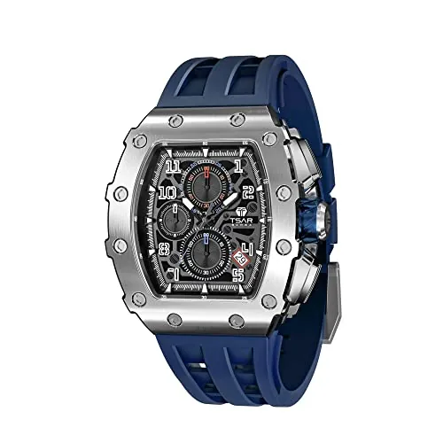 Tsar Bomba Reloj para hombre Caja de cristal de zafiro Diseño resistente al agua Correa de silicona azul Indicador de fecha Reloj de cuarzo de lujo para hombre Regalo para San Valentín