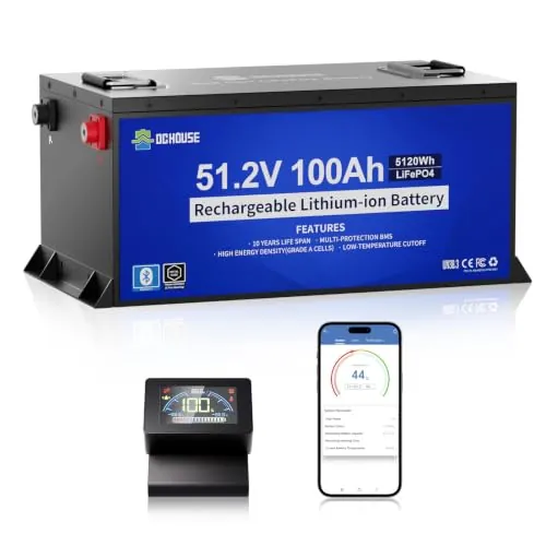 DCHOUSE Batería Litio 48V 100Ah con Carcasa Metálica para Golf y RV | BMS 200A, 670A de Corriente Máxima, Bluetooth vía App Móvil y Pantalla LCD