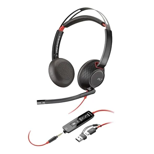 Auricular Poly Blackwire 5220 con cable - Micrófono de brazo flexible con cancelación de ruido - Diseño ergonómico - Conexión a PC/Mac o teléfono móvil mediante USB-C, USB-A o conector de 3,5 mm