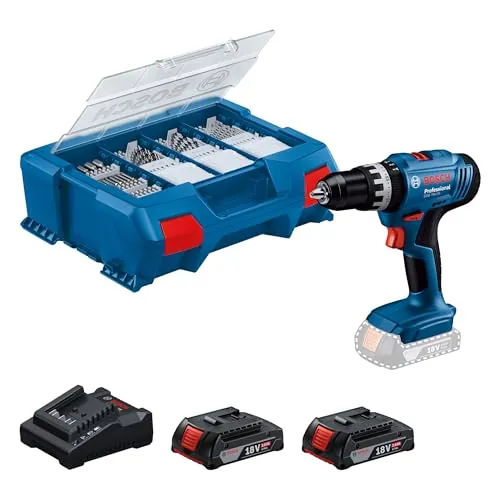 Bosch Professional 18V System Taladro Percutor a Batería GSB 18V-25 (Ø máx. del tornillo 10 mm, incl. 2 GBA 2.0Ah, GAL 18V-20, set de accesorios de 63 piezas, L-Case Pick & Click)