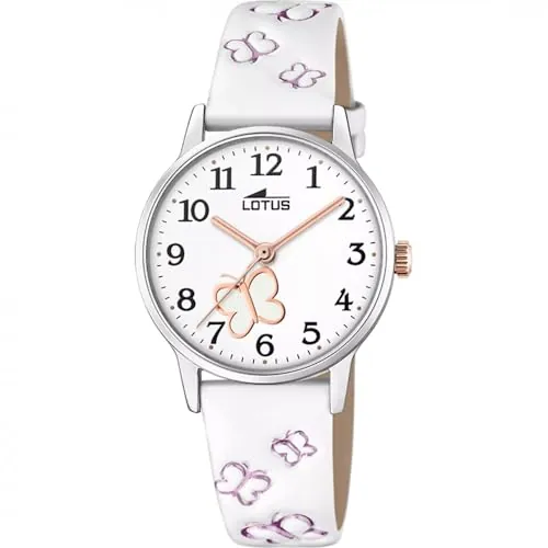 LOTUS Reloj Niña Analógico de Cuero Blanco - Movimiento de Cuarzo - Cristal Mineral de Alta Resistencia - Resistente al Agua 5 ATM - Clásico 18864/1 - con Pulsera de Regalo - Junior Collection