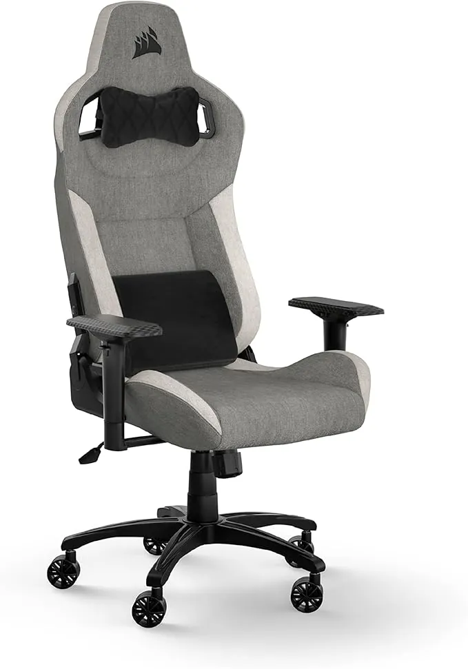 Corsair T3 RUSH Fabric Silla para juegos (2023), Diseño Inspirado en Las Carreras, Exterior de Tela Suave, Almohada Cervical Acolchada y Soporte Lumbar de Espuma Viscoelástica, Gris y Blanco