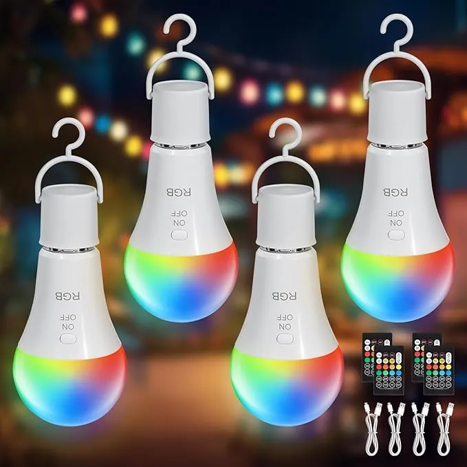 Kimjo Bombilla Led E27, Bombilla Recargable USB con Control Remoto 7W RGB Regulable con Gancho, USB C, Para Camping, Interior, Exterior, 4 Piezas