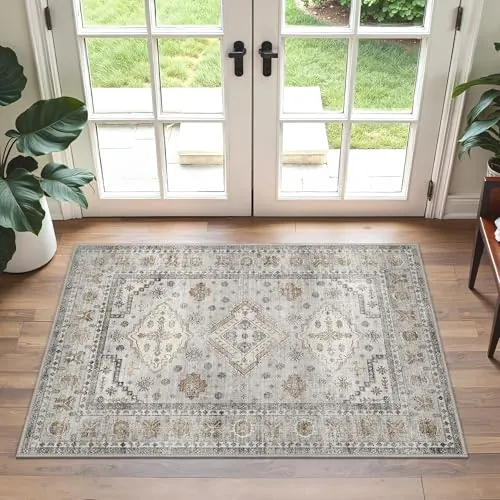 GENIMO Alfombra Salon Sin Peluche,Alfombra Cocina Lavable Antideslizante,Alfombra Pasillo de Entrada Casa,Dormitorio,Alfombra Silla Escritorio,Gris Naranja,60x90 cm