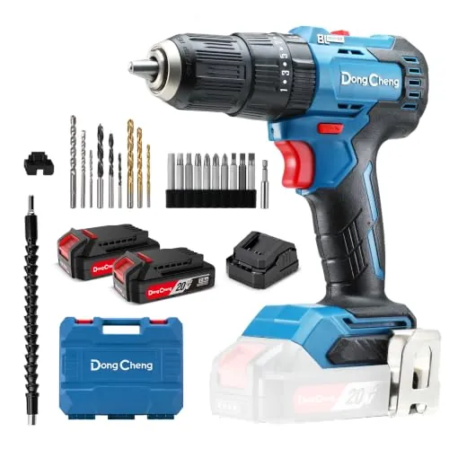 Dong Cheng Taladro Percutor a Bateria 20V 50Nm, 2x2,0Ah, Función de Impacto | Para atornillar, perforar y taladrar con percusión; 20 niveles de par, sin escobillas, portabrocas 13 mm, 2 velocidades