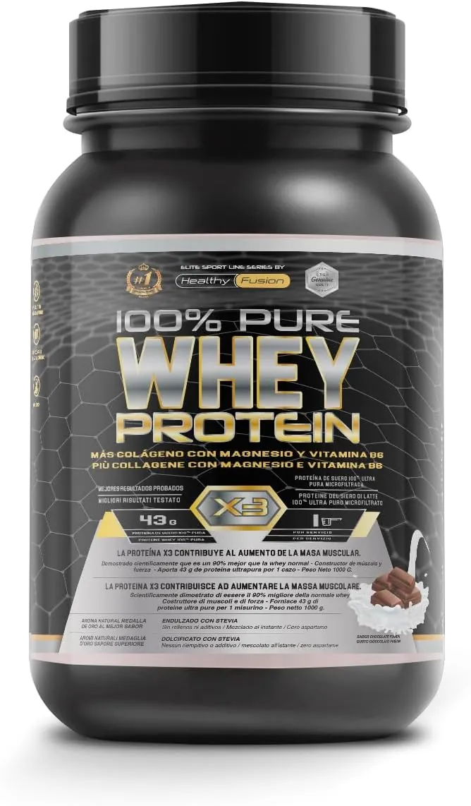 Healthy Fusion Whey Protein | Proteína Whey pura con Colágeno + Magnesio | Mejora tus entrenamientos | Protege y aumenta la masa muscular | 1000g de proteína (Chocolate)