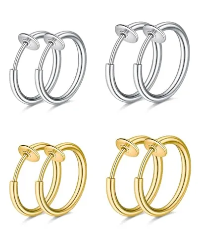 HUVZOR Set 4 pares de pendientes clip de acero inoxidable unisex para hombres y mujeres, Diseño falso sin agujero, cómodos y seguros, Ideal para piercing y estilo moderno(dorado + plateado)