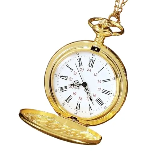 AEUXZA Reloj de Bolsillo Retro Dorado con Cadena, Reloj de Cadena de Cuarzo Clásico con Números Romanos y Tapa, Diseño Antiguo para Hombres y Mujeres, Regalo de Cumpleaños