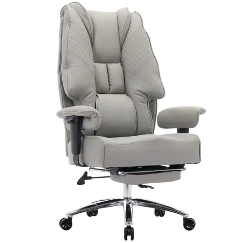 EXCEBET Silla de Oficina Ejecutiva de Cuero PU, Silla de Trabajo Ergonómica 200 kg, Grandes Tallas, Asiento de Muelles Ensacados 14 cm, Respaldo Alto, Silla de Ordenador con Reposapiés (Gris Claro)