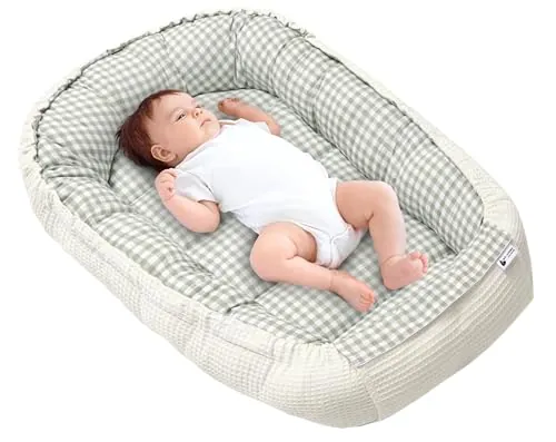 Medi Partners Nido Bebe Recien Nacido Reductor de Cuna - 100x60x15 Portátil o de Viaje de Colecho anticolicos Bilateral Bebés 100% Algodón Gofre (Cuadros con Oliva Gofre)