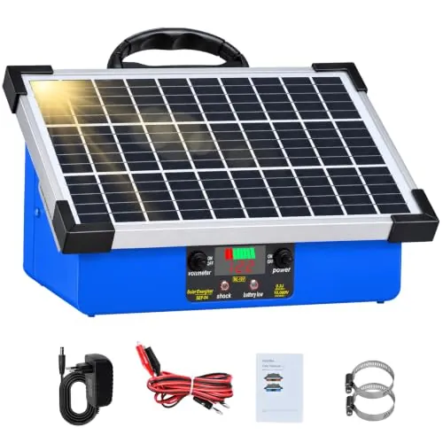 24KM Solar Pastor Electrico, 10 KV 0.3J Pastor eléctrico Controlador para caballos, Pastor Eléctrico Electrificador Para Aves granja con Panel Solar 7.5W Batería Litio 10400Mah