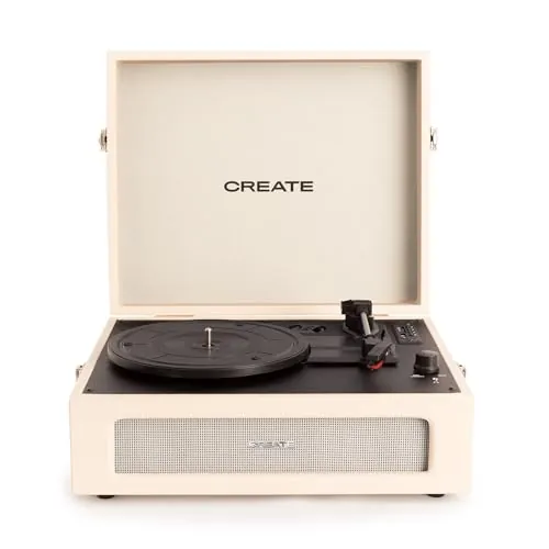 CREATE/Record Player Retro/Tocadiscos Retro Blanco Roto/Diseño Vintage, Bluetooth, USB, SD, MicroSD,Mp3, Sonido estéreo, 3 velocidades de reproducción, para Todo Tipo de vinilos