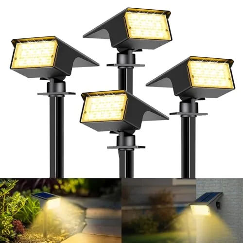 kolpop Luces Solares LED Exterior Jardin [4 Piezas/77 LEDs],3000K Cálido Luz Solar Exterior,Impermeable IP65,Focos Solares para Patio,Piscina,Macetas,Suelo,Calzada,Terraza,Césped,Carril