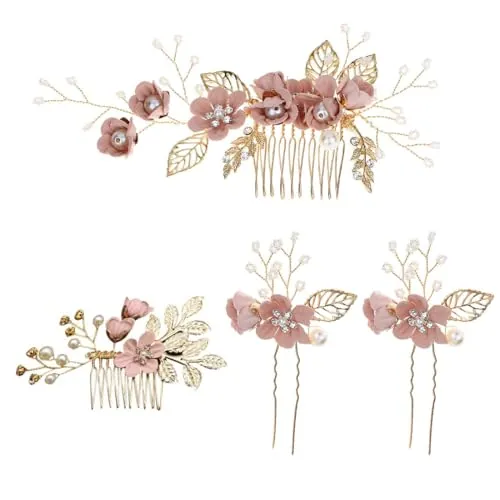 ZORVUJI Adornos de Pelo Rosa-Dorado para Bodas - 4 Peinetas con Perlas y Strass, Accesorios de Pelo para Novias y Damas de Honor