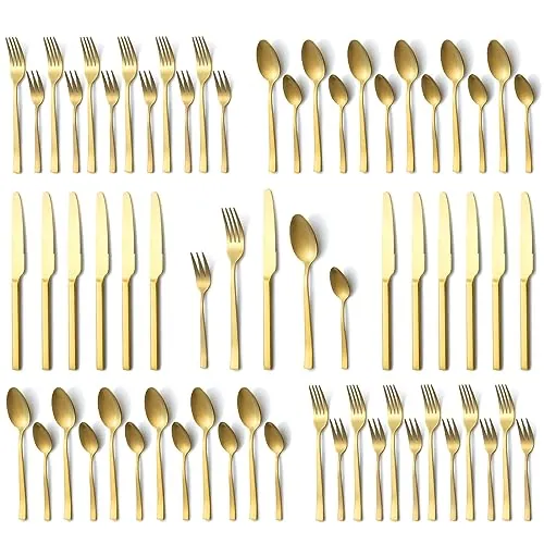 Cubiertos acero inoxidable 12 personas, Hunnycook 60 piezas Cubiertos Dorados mate, Cuberteria Dorados de Acero Inoxidable para Casa/Cocina/Restaurante, Aptos para Lavavajillas