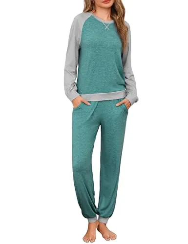 Leversic Pijamas Mujer Conjunto de Pijamas Largo de Invierno con Mangas Raglán Pijama con Top y Pantalón de Bloques de Color y Bolsillos(Azul de Cobalto,M)