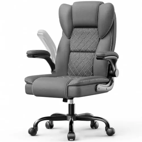 rattantree Silla de Oficina, Sillas Escritorio Ergonómica con Reposabrazos Abatibles de 90°, Tapizado de Cuero, Ruedas Giratorias y Altura Ajustable, Adecuada para Uso en La Oficina y Hogar, Gris