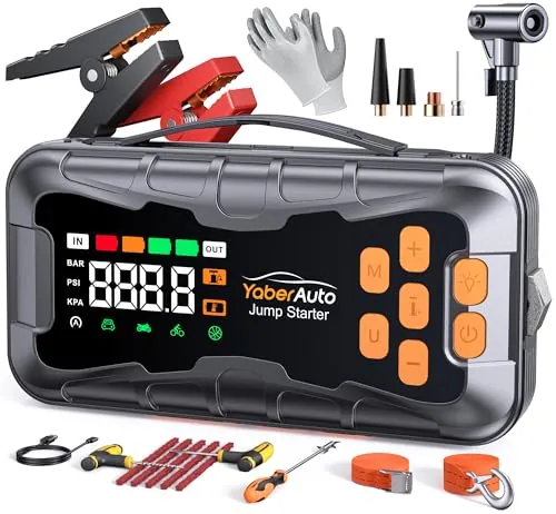 Arrancador de Bateria de Coche 8000A, 16-en-1 YaberAuto Arrancador de Coche Portatil (Todo Gas/Diésel 14L) con Compresor de Aire 160PSI, Kit de Emergencia Multifunción con Guantes Aislantes