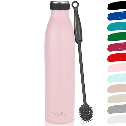 Milu Botella de acero inoxidable, 350, 500, 750 ml, termo de 1 L, 1,5 L, botella de agua aislada, botella aislante a prueba de fugas, apta para ácido carbónico + cepillo de limpieza (Rosa, 1,5L)