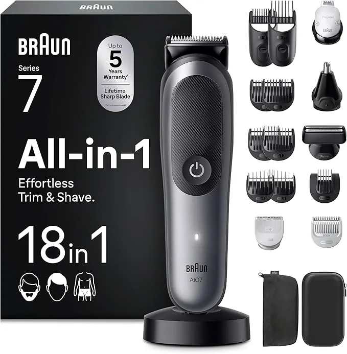 Braun Recortadora Todo en Uno Series 7 AIO7585, Kit de Styling 18en1 para Barba, Pelo, Orejas, Nariz Y Cuerpo, 120 Min de Autonomía, Cortapelos Hombre con Lámina Ultra Afilada, Gris