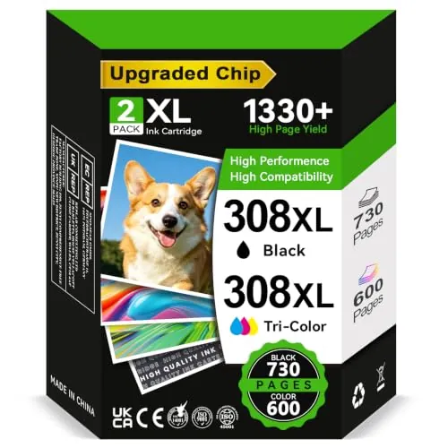 ECOINKO Cartuchos 308XL BK+CMY - 1330+ Páginas, Reemplazo para Tinta HP 308 XL Negro y Color Originales, Tinta Impresora 308 XL para HP Envy 6100e 6120e 6122e 6132e 6520e Deskjet 2910 2920 2921