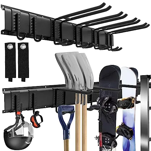 Sinoer Organizador de herramientas de garaje de pared, soporte metálico para herramientas de jardín, porta herramientas de jardín, ganchos para escobas, 32 pulgadas, 6 ganchos