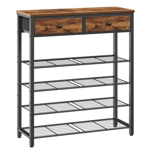 HOOBRO Zapatero con 2 Cajones y 4 Estantes de Rejilla, Mesa de Consola Estrecha para Recibidor, Estantería de 75 x 28 x 93 cm para Entrada, Sala de Estar, Balcón, Marrón Rústico y Negro EBF178XJ01