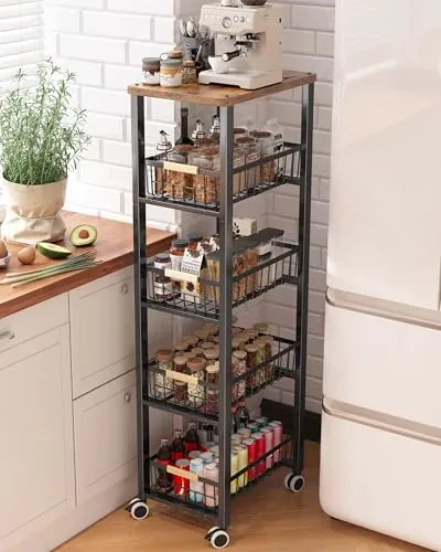 Ornestia Carrito Cocina, Verdulero Cocina con Ruedas, Carrito Organizador | 5 Niveles Verdulero Cocina, Ruedas 360° con Bloqueo Ccarrito Auxiliar Cocina, Metal, Negro