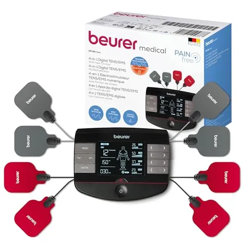 Beurer EM 89 Electroestimulador TENS/EMS con función de calor, función 4 en 1 para el tratamiento del dolor, masaje y termoterapia, 4 canales ajustables por separado, 8 electrodos y batería