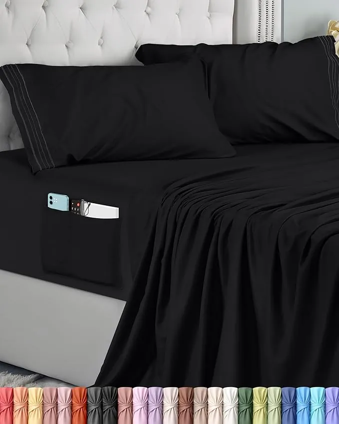 Utopia Bedding Juego de Sabanas 4 Piezas 135x190 - Microfibra De Poliéster, Sábana Bajera con Bolsillos de Almacenamiento, Sábana Plana Y 2 Fundas De Almohada Bordadas (Cama 135, Negro)