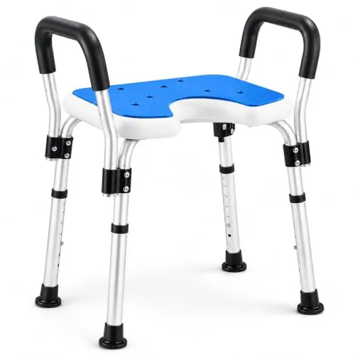 KSITEX U Taburete de Ducha Personas Mayores con Reposabrazos, Taburete Baño Asiento en Silla Ducha Altura Regulable Asiento de Baño para y Discapacitados, Antideslizante para Seguridad hasta 150 kg