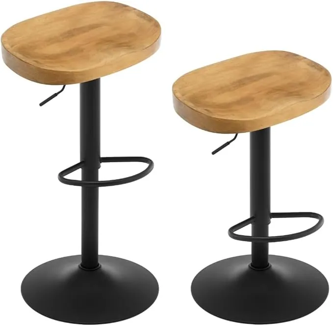 WOLTU Taburetes Cocina, Juego de 2 Taburetes de Bar Giratorios con Reposapiés, Altura Ajustable, Asiento de Madera, Base Metalico, Marrón rústico, BH413dc-2