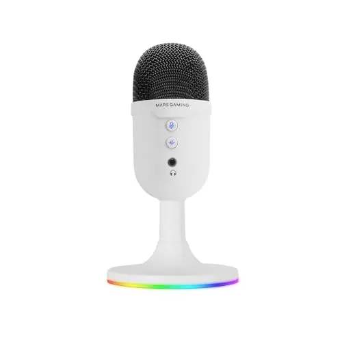 Mars Gaming MMIC-CX, Micrófono de Estudio Profesional, Diseño Compacto ARGB, Sonido de Alta Definición, Cancelación Ruido ENC, Condensador Cardioide, Botón Mute, USB Plug&Play, Jack 3.5mm, Blanco