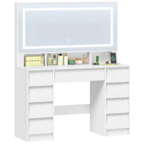 Hzuaneri 108 cm Tocador de Maquillaje, Tocador con Espejo HD Grande, Luces LED Regulables y Enchufes, 9 Cajones, 3 Espacio de Almacenamiento, Apto para Dormitorio, Blanco 1180303XEU