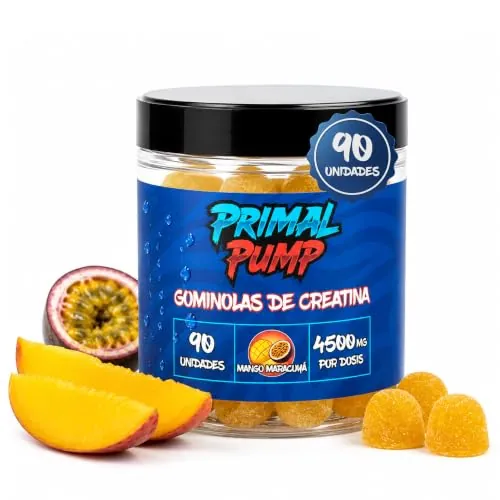 Primal Pump Gominolas de Creatina Monohidratada 4.5g - Creatina en Gominolas para Rendimiento y Potencia - Sin Azúcar, Vegano y Sin Gluten - Sabor Mango Maracuyá