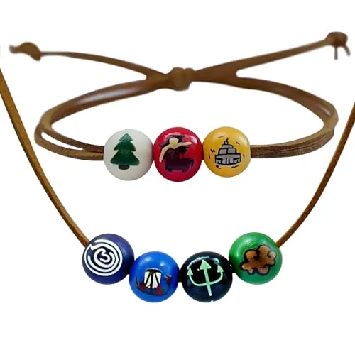 Zaky Anime Camp Half-Blood Percy J. Annabeth - Collar de cuero con cuerda de gamuza y cuentas de madera, pulsera de semidiós Tridente olímpico, 2 piezas
