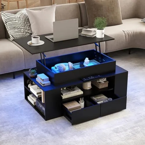 YU YUSING Mesa de Centro Elevable y Extensible con Luz LED, Amplio Espacio | 92 x 50 x 43-56 cm, Estructura de Acero, Control por Aplicación y Botones
