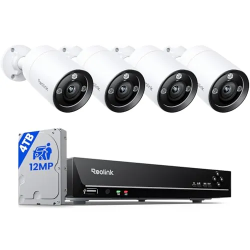 Reolink 12MP Kit Camaras de Vigilancia Exterior H.265, 4pcs Sistema de Cámara Seguridad con 30M Visión Nocturna, Audio bidireccional, NVR de 8 Canales con HDD de 4TB, Grabación 24/7, RLK8-1200B4-A