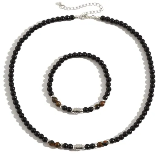 SHLWYG Conjunto de cadena con cuentas de piedra de ojo de tigre, conjunto de pulsera y collar con cuentas de piedra natural para hombre, cadena de joyería de moda, nuevo conjunto de joyería