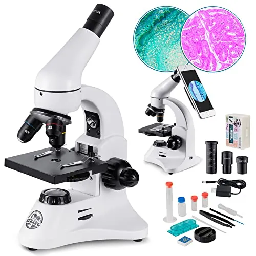 Microscopio Óptico 80X-2000X, Cuerpo Metálico, 2 Oculares WF, Iluminadores Duales, Enchufe UE, Completo Accesorios para Estudiantes Principiantes Adultos