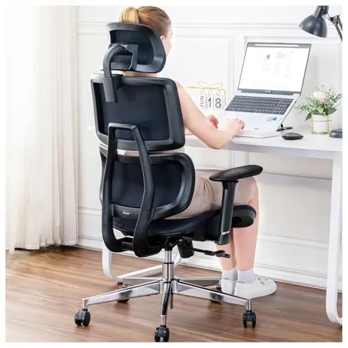 TONFARY Silla de Oficina Ergonómica con Soporte Lumbar, Respaldo y Asiento de Malla Transpirable, Reposabrazos y Cabecera Regulables, Giratoria y Reclinable, Grande y Resistente hasta 150 kg
