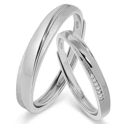 Meissa Alianzas 2 Piezas Anillos Pareja para Hombres y Mujeres 925 Plata Anillos de Boda Alianza Ajustable Anillo de Promesa Anillos Pareja Juego (Juego de Dos Anillos)